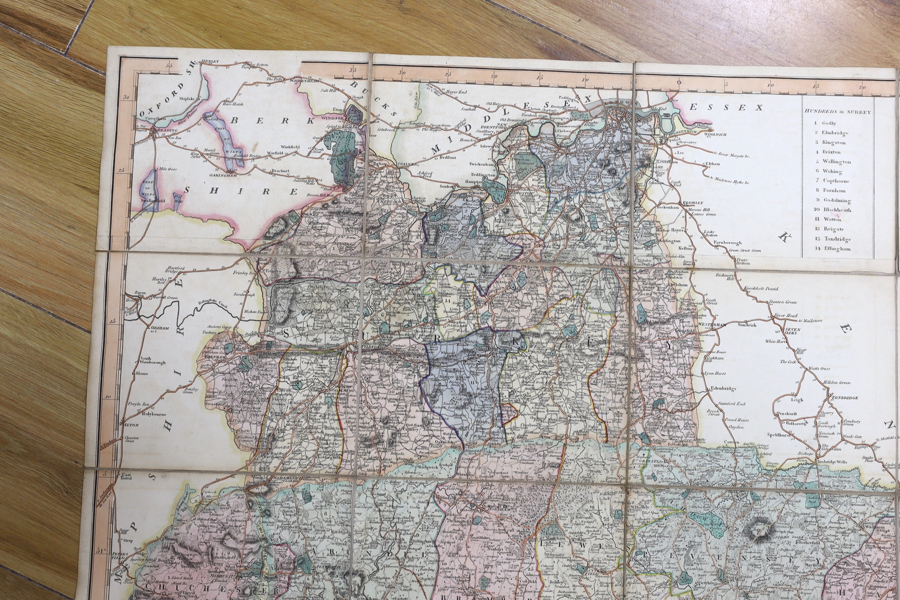 Surrey and Sussex map, by Nathaniel Coltman, pub. Laurie and Whittle, dated 1807, folding map in slip case, 57 x 71cm